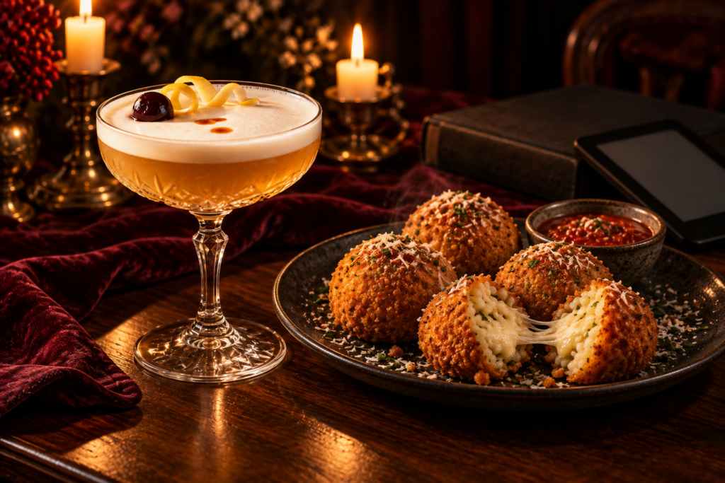 An amaretto sour beside a plate of golden arancini, one broken open with the cheese pulling, and a small bowl of marinara