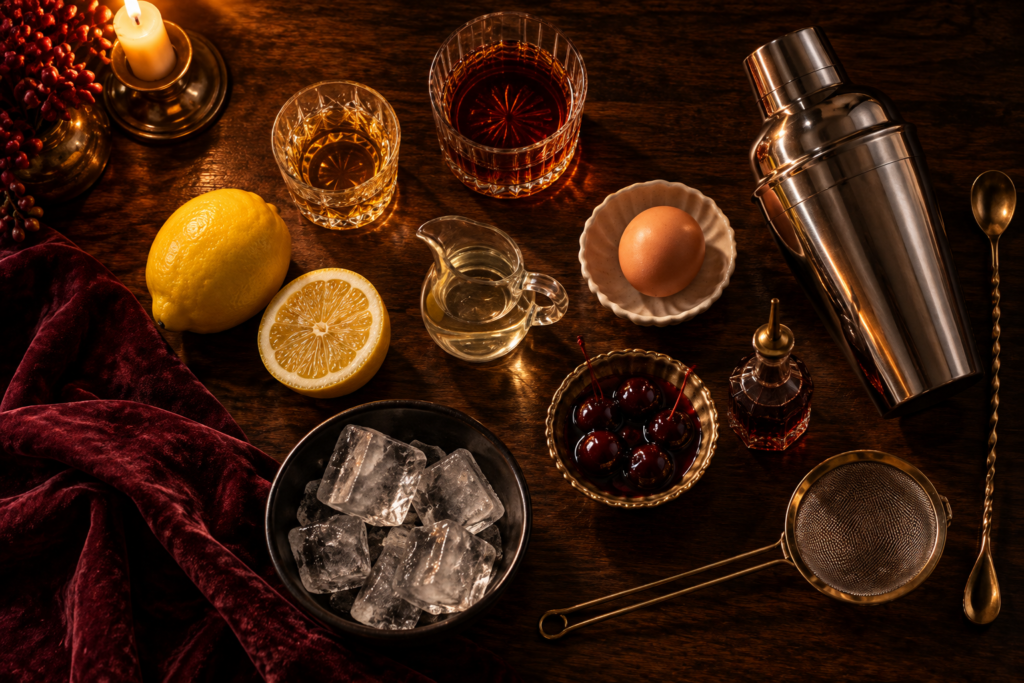 Amaretto sour ingredients from above: amaretto, bourbon, a halved lemon, an egg, brandied cherries, bitters, a bowl of ice, a cocktail shaker, strainer and bar spoon