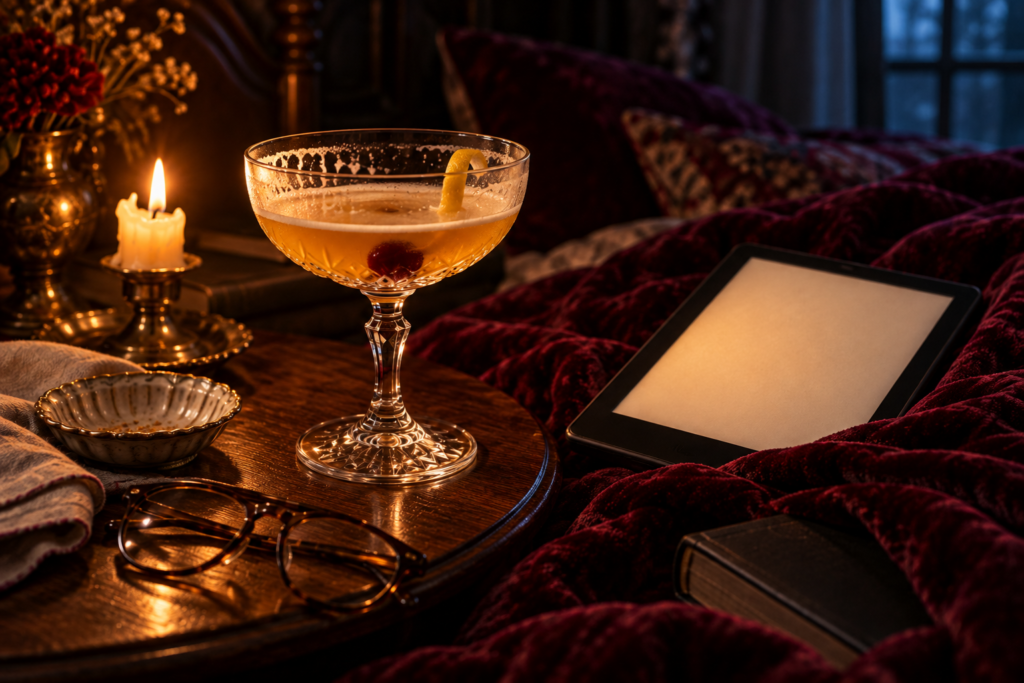 An amaretto sour on a small table beside a candle, reading glasses and an e-reader, with a red velvet throw