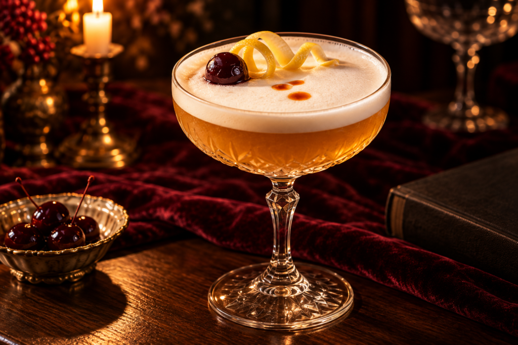 A finished amaretto sour in a coupe with a clean white foam cap, a dark cherry, a lemon twist and three drops of bitters