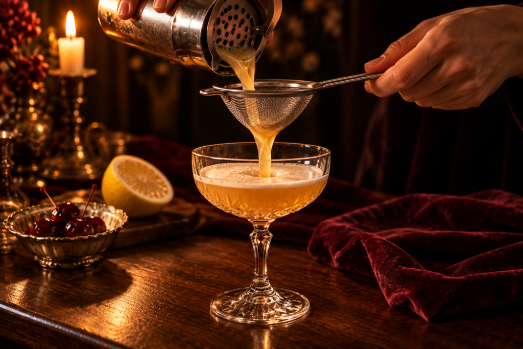 A cocktail being poured through a fine mesh sieve into a crystal coupe, foam forming on the surface