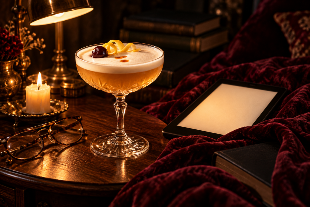 An amaretto sour on a side table beside a lit candle, reading glasses, an e-reader and a deep red velvet throw