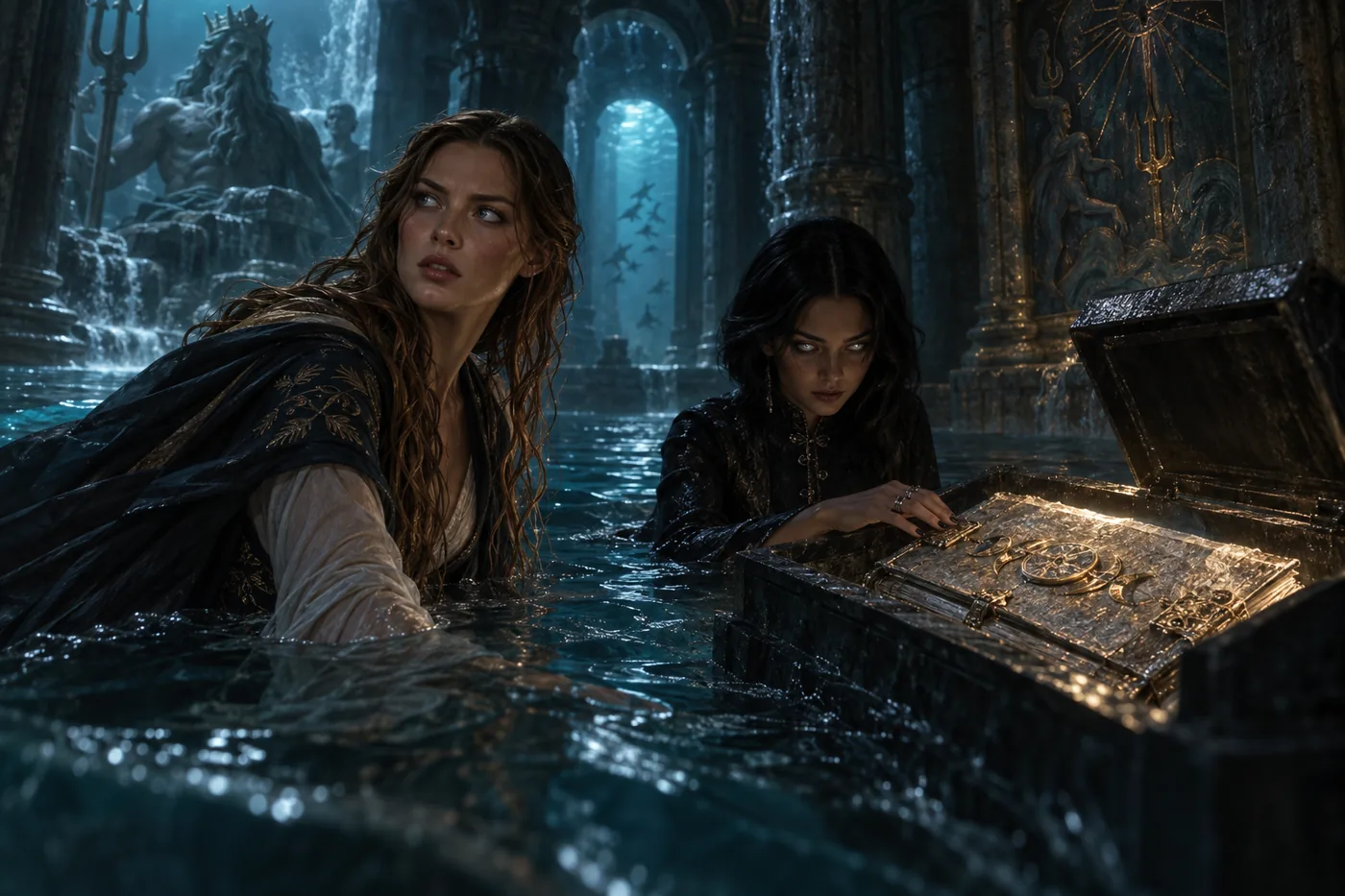 Feyre and Amren finding the Book of Breathings in the hidden temple