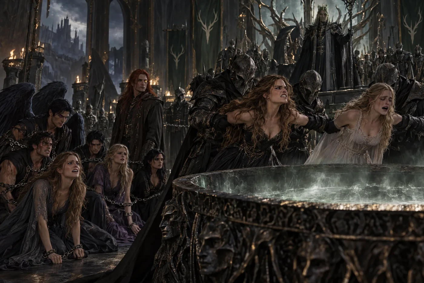 The King of Hybern with the Cauldron and Feyre's sisters