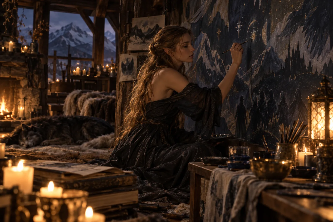 Feyre painting the walls of the mountain cabin