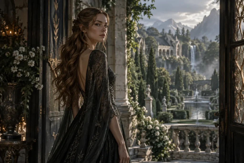 Feyre walking back into the Spring Court, changed