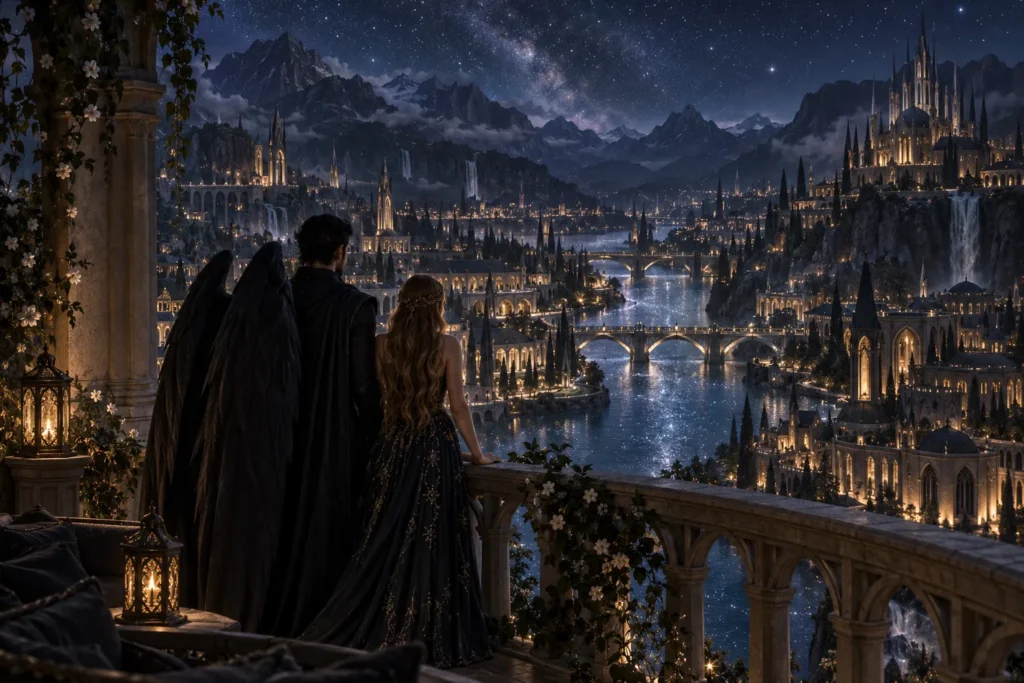 Feyre and Rhysand silhouetted above the glowing city of Velaris at night