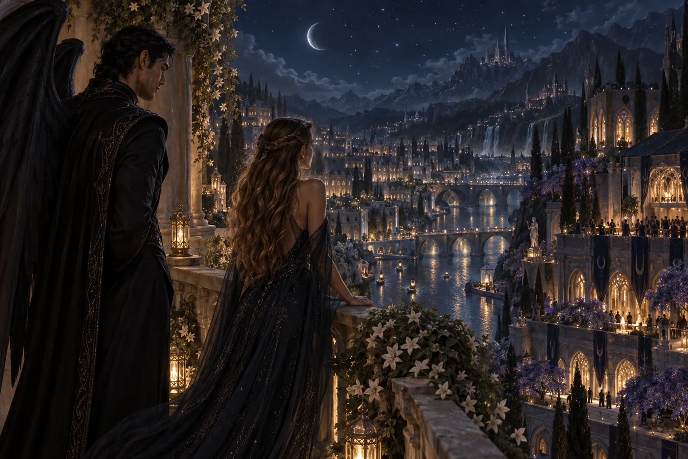 Feyre and Rhysand looking out over the hidden city of Velaris