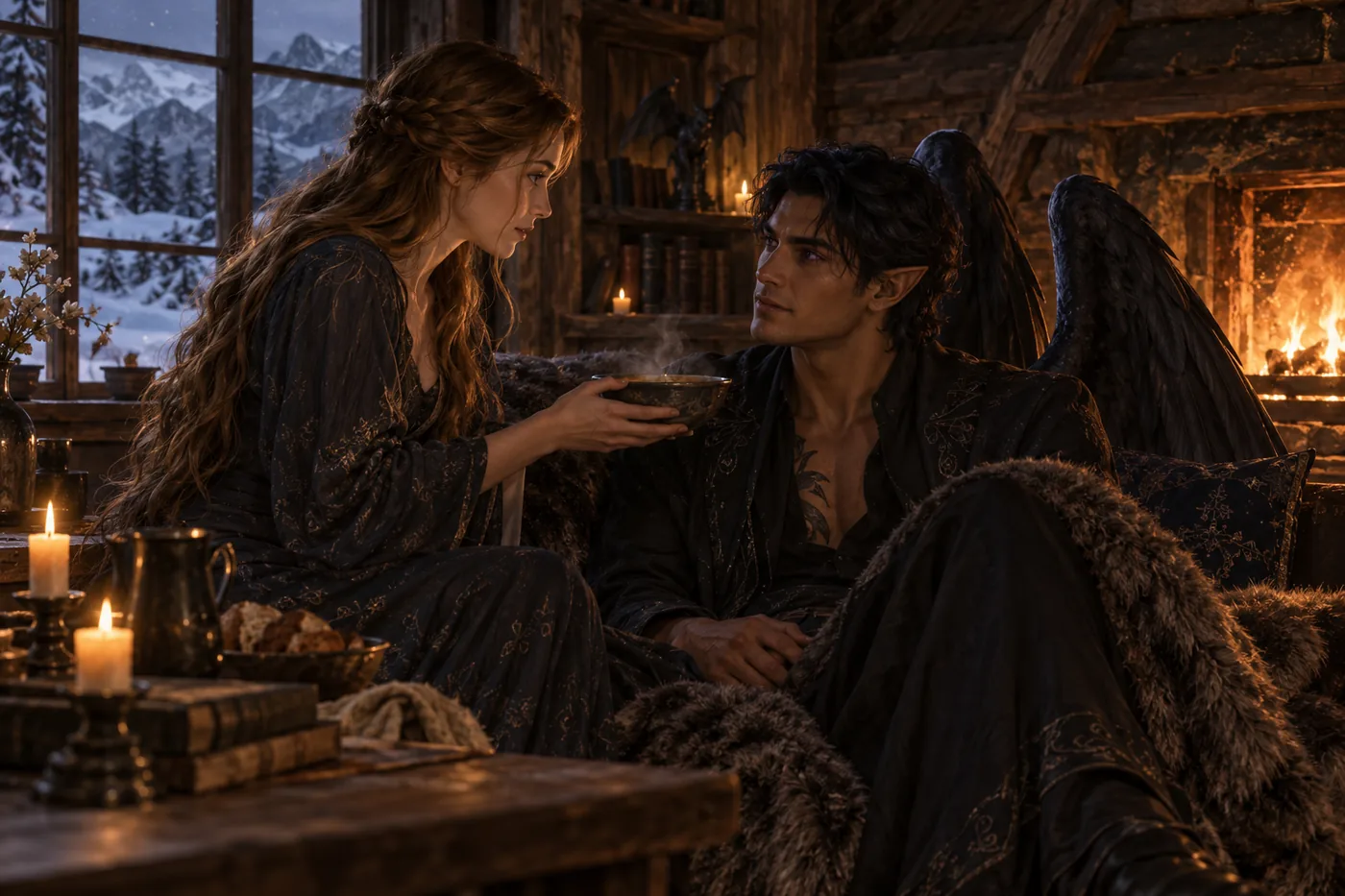 Feyre offering Rhysand the bowl of soup that accepts the mating bond
