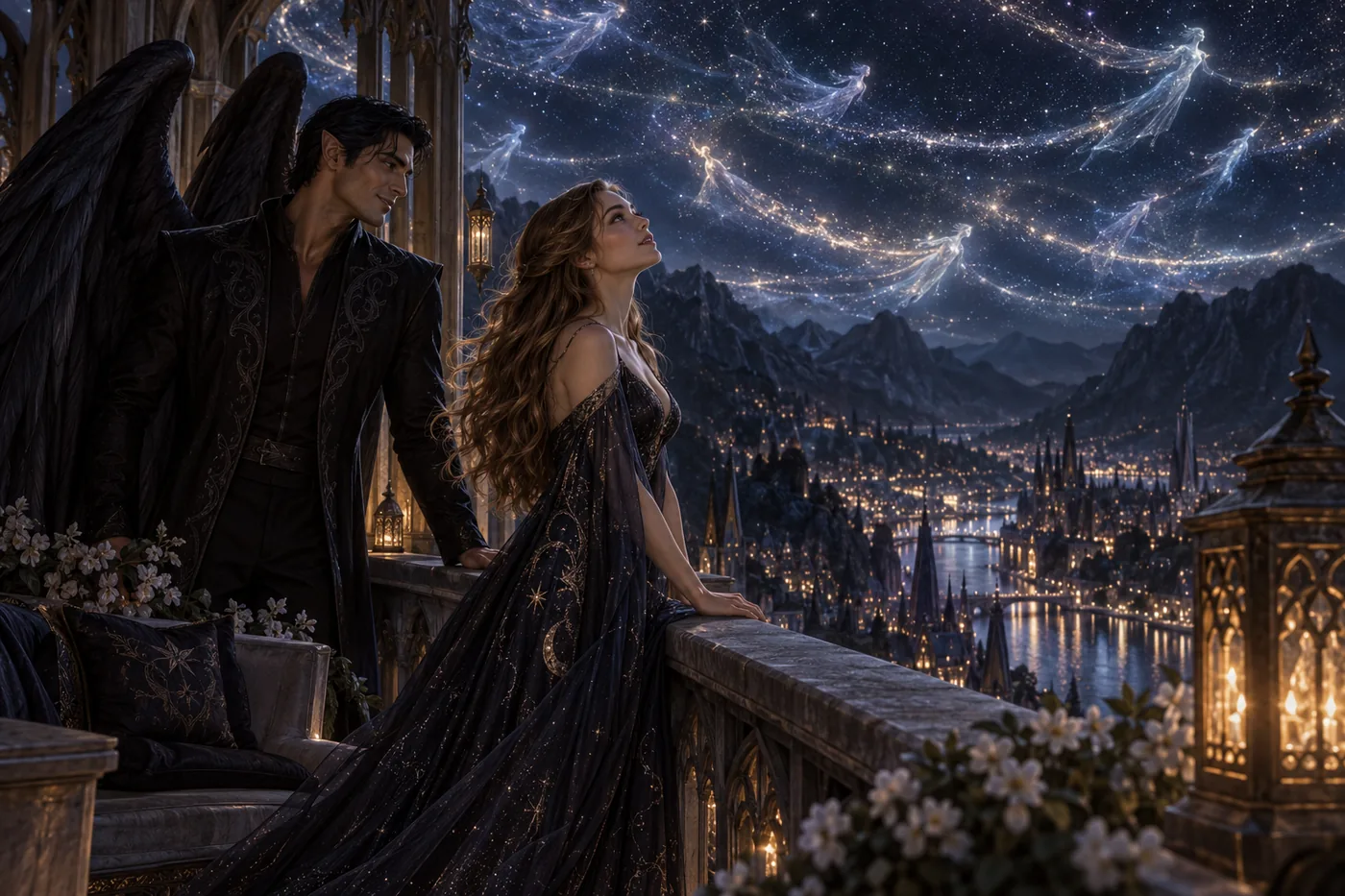 Feyre and the Inner Circle watching the Starfall celebration over Velaris