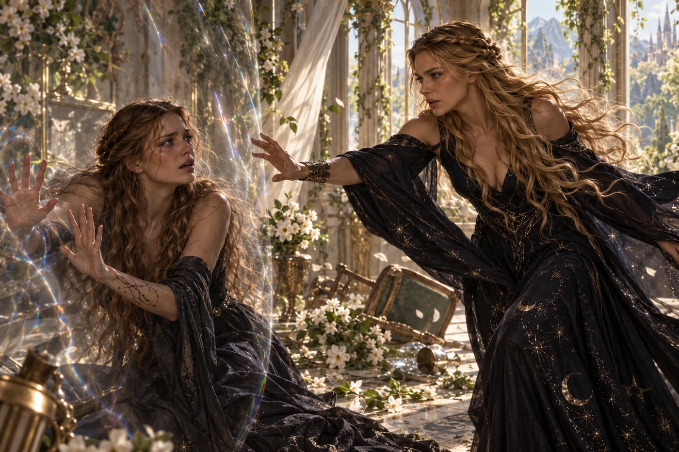 Mor rescuing Feyre after Tamlin traps her inside the Spring Court manor