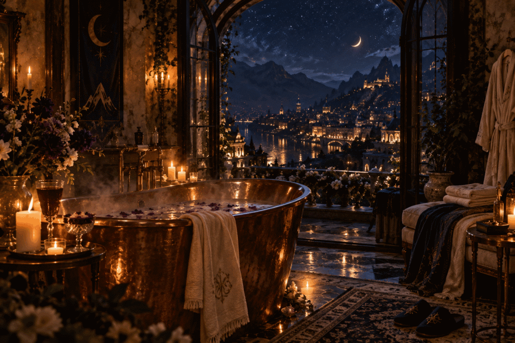 A Velaris townhouse room at night with a copper bath and an arched window over the starlit city, in A Court of Mist and Fury