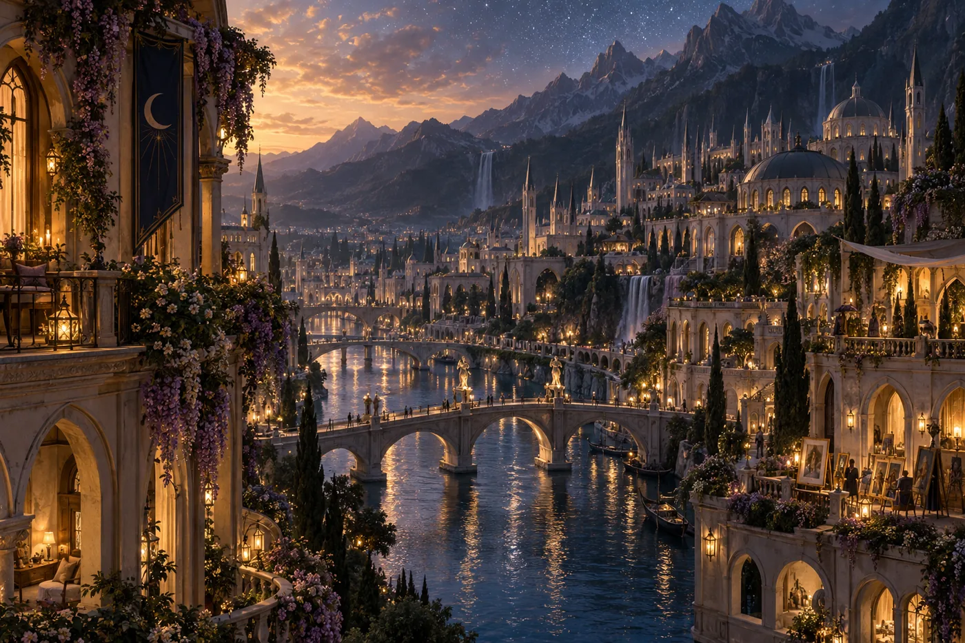 A wide view across the rooftops of Velaris, the City of Starlight