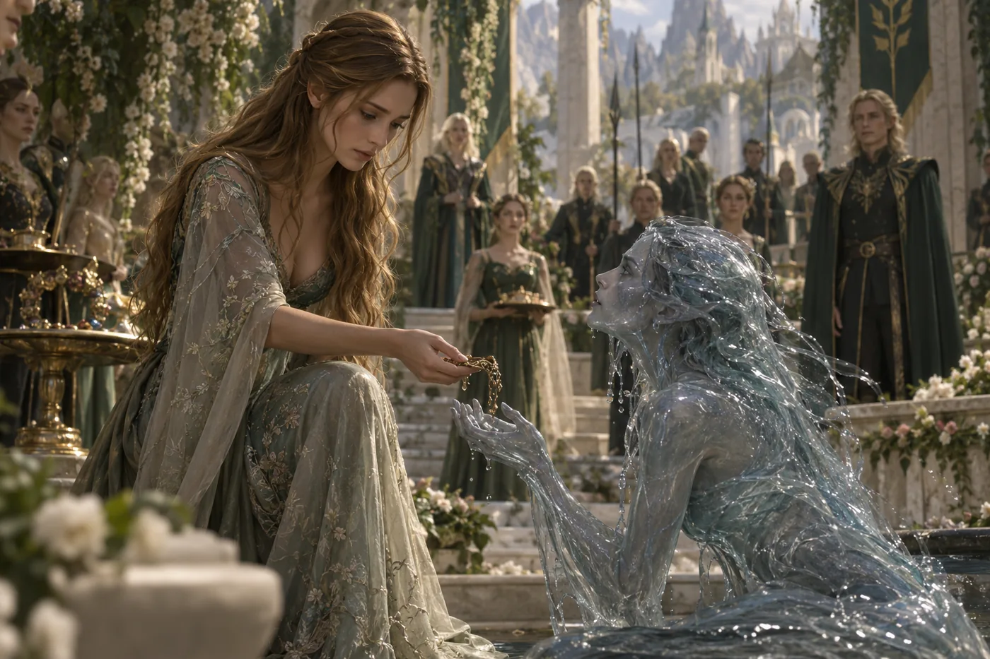 Feyre giving her jewellery to the water-wraith during the Tithe