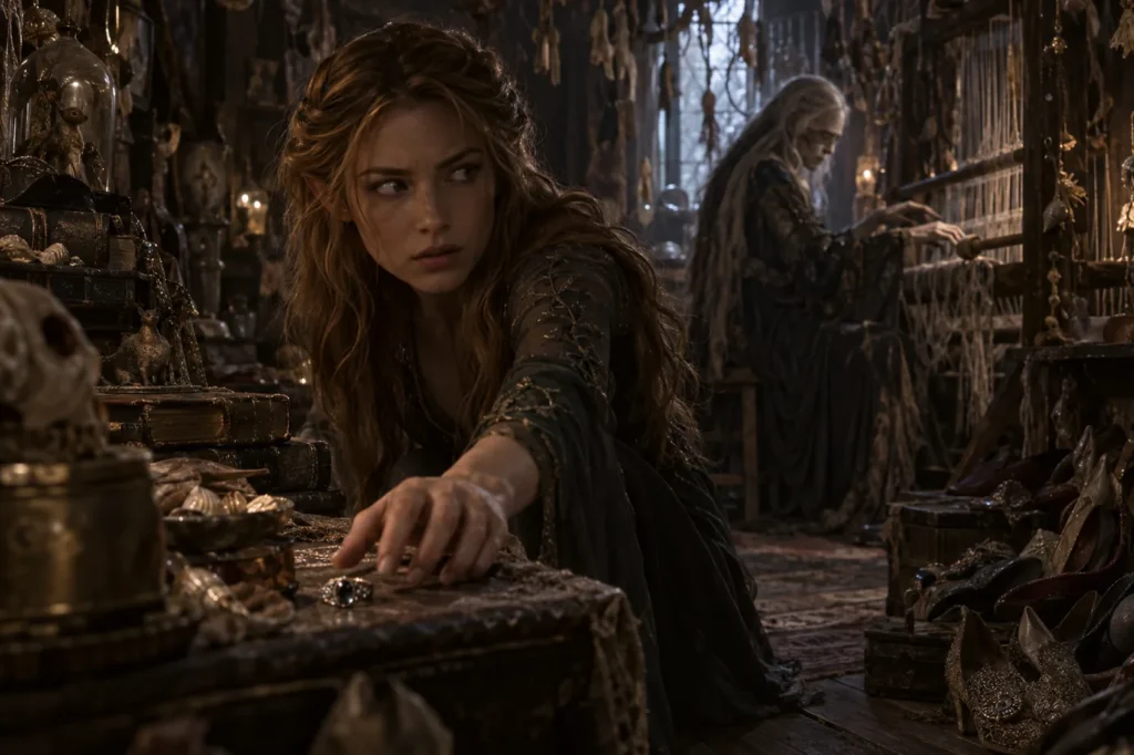 Feyre reaching for the ring inside the Weaver's cottage