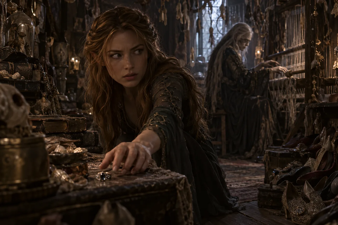 Feyre reaching for the ring inside the Weaver's cottage