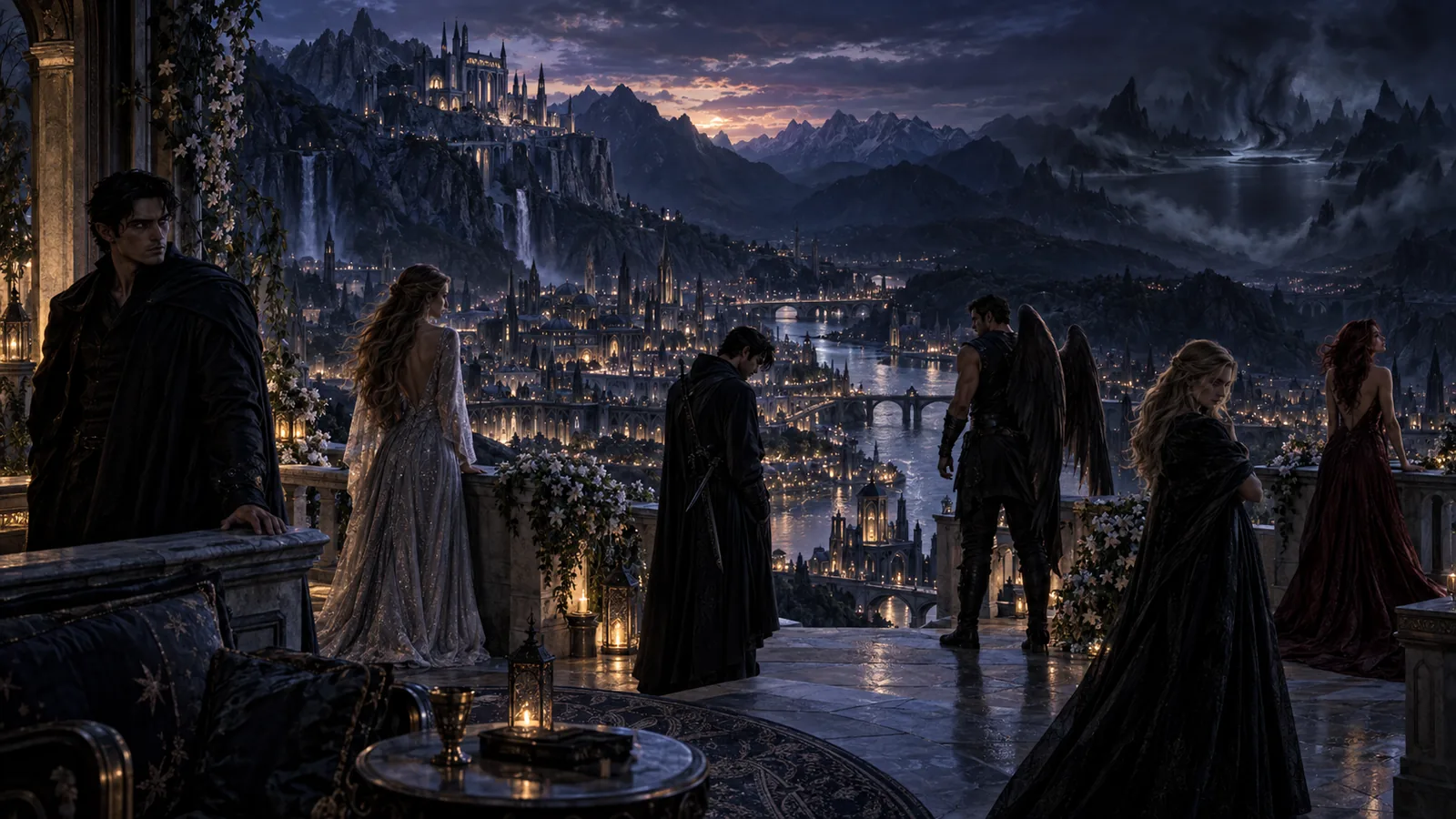 Velaris at night seen from a Night Court balcony, with a storm gathering over the mountains beyond