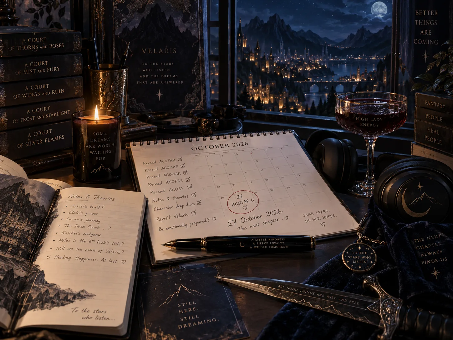 A desk calendar marked 27 October 2026, the ACOTAR book 6 release date, beside the ACOTAR series