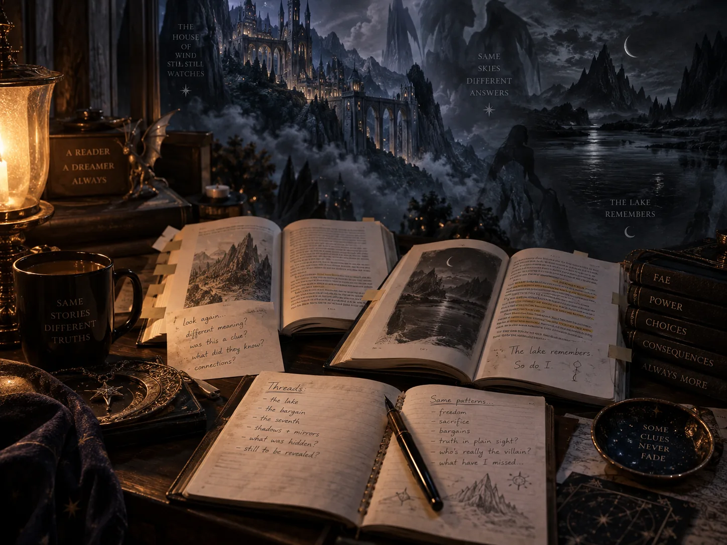 Open ACOTAR books and handwritten notes tracking clues across the series