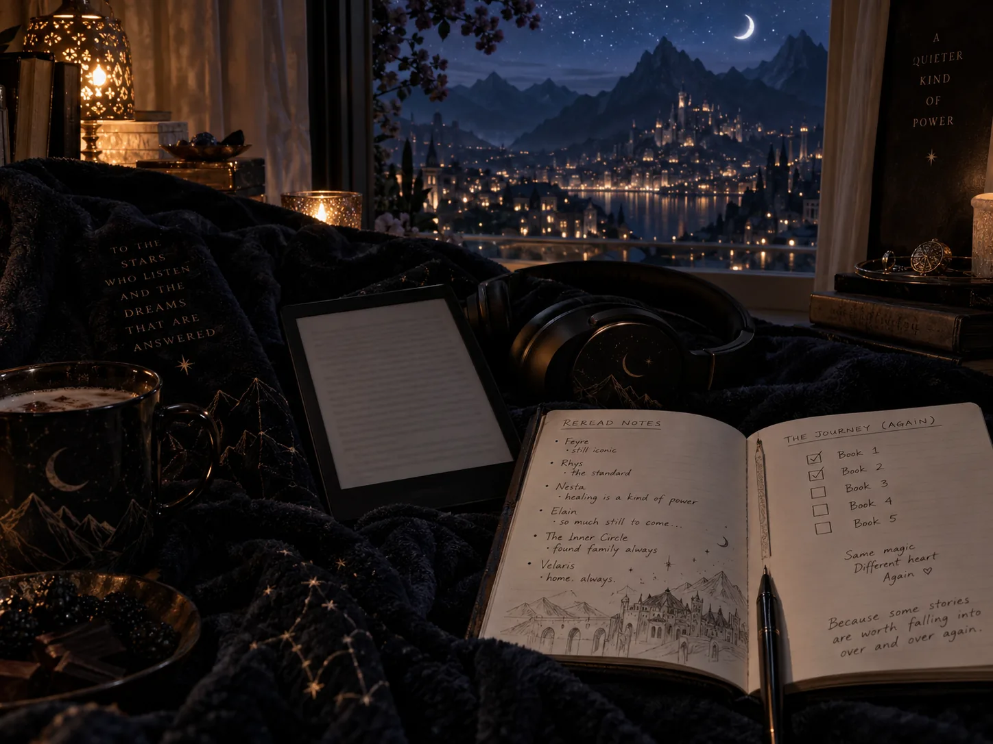 A cosy reading setup at night with headphones and an ACOTAR reread list