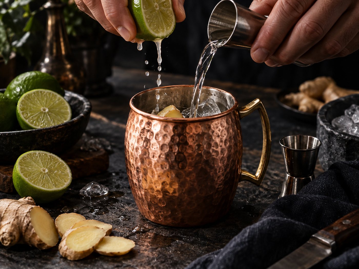 Fresh lime being squeezed into a copper mug while vodka is poured in from a jigger