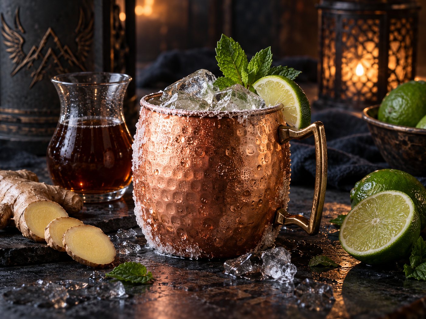 A copper mug of mule beside a small carafe of strong cold black tea, fresh ginger and limes