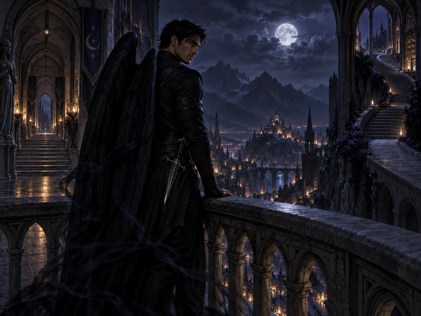 Azriel alone on a Night Court balcony above Velaris at night