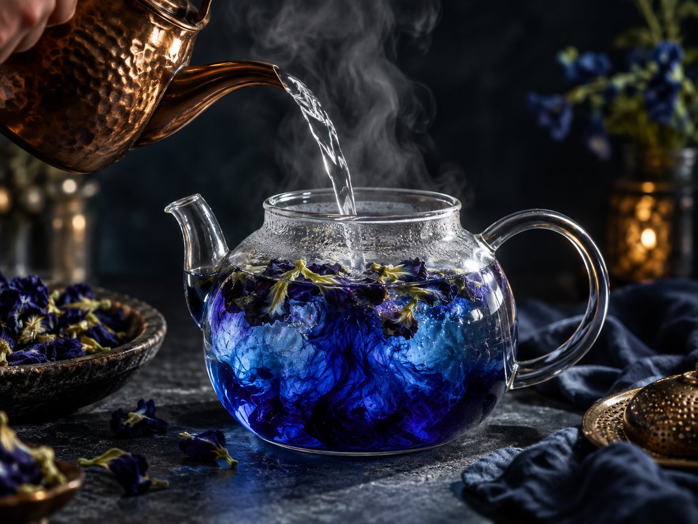 Hot water being poured over dried butterfly pea flowers in a glass teapot, turning the water deep blue