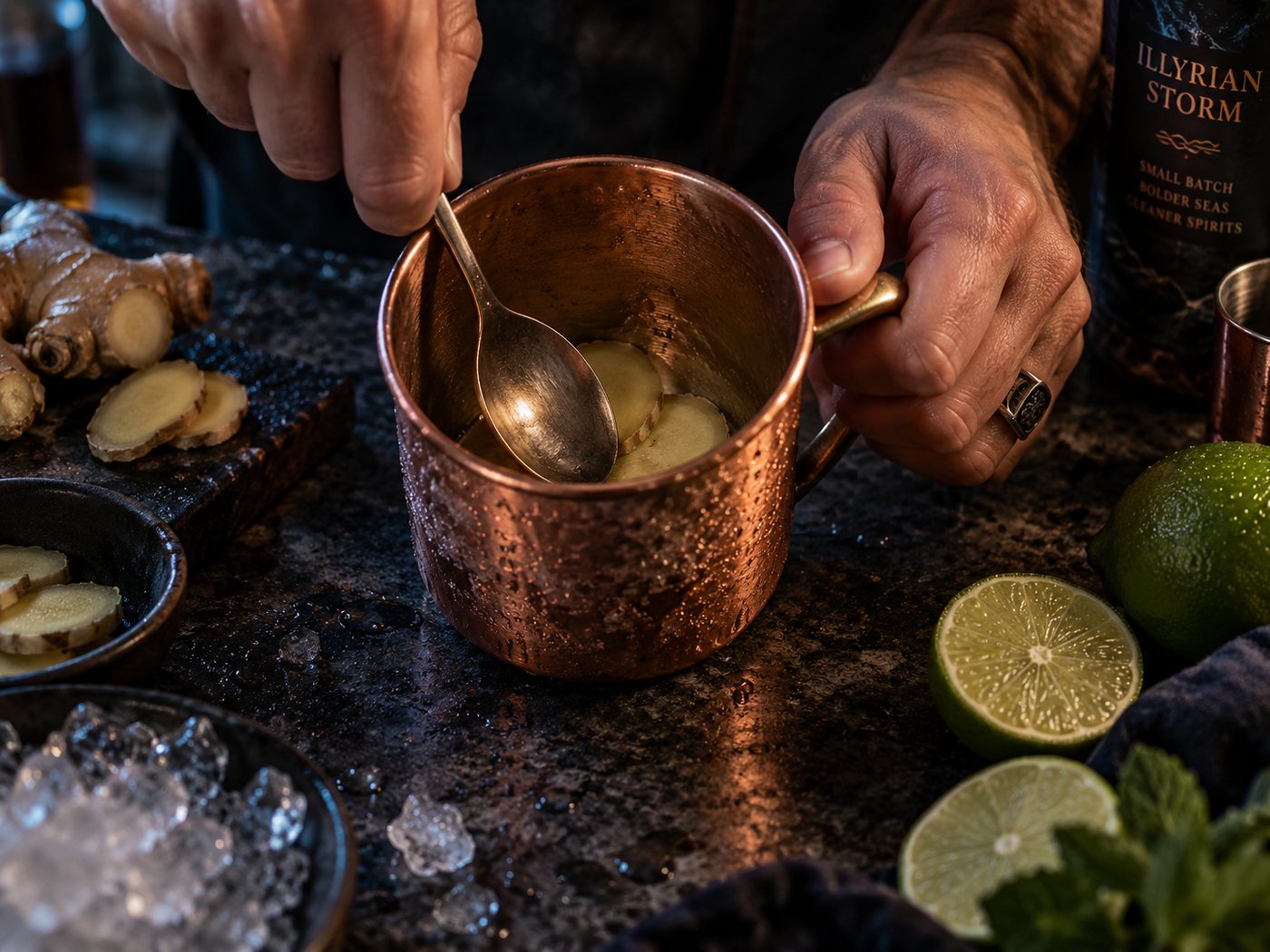 Slices of fresh ginger being pressed with the back of a spoon in the bottom of a copper mug
