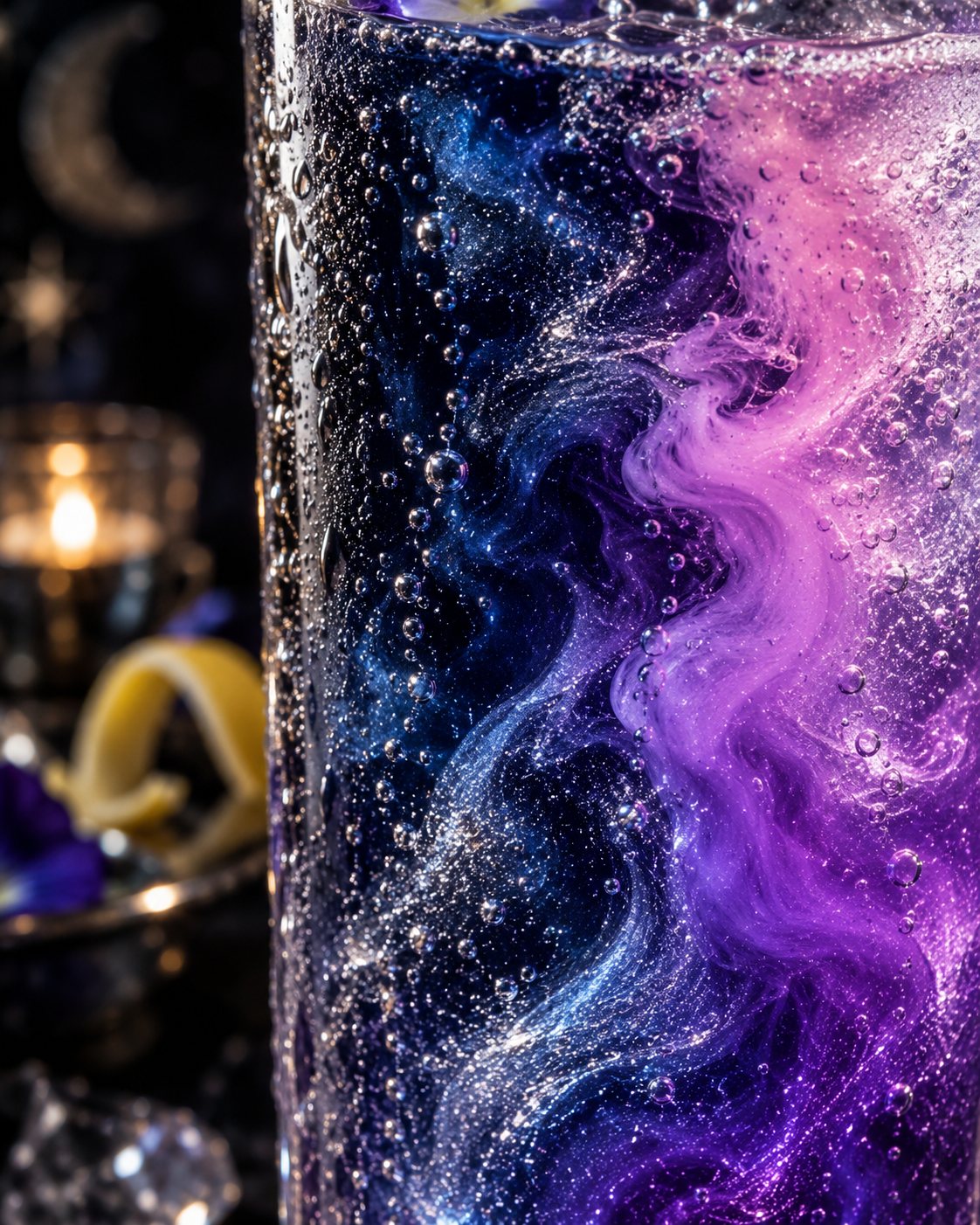 Close-up of blue and violet swirling together through a bubbling cocktail as the acid works through