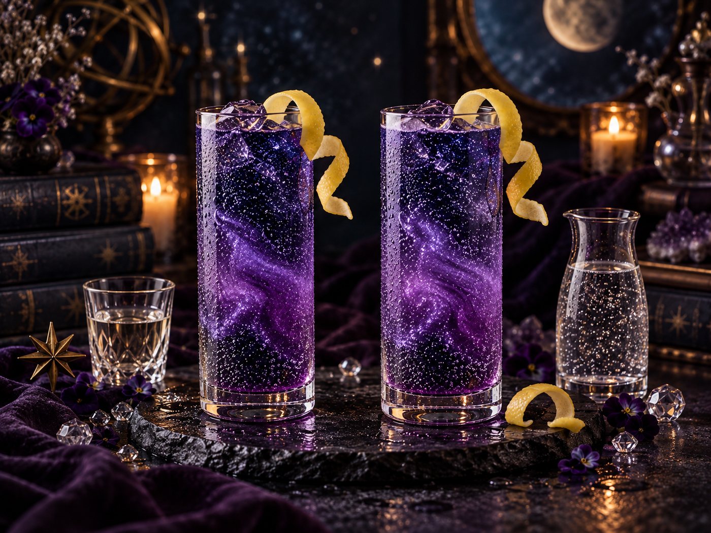 Two tall violet gin fizzes with lemon twists beside a carafe, candles and a stack of books