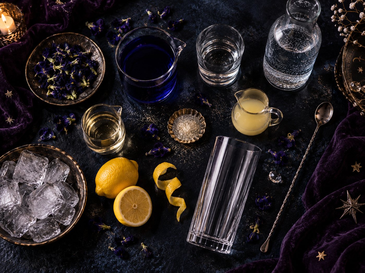 Ingredients from above: dried butterfly pea flowers, brewed blue tea, gin, simple syrup, soda water, lemons, ice and a tall glass