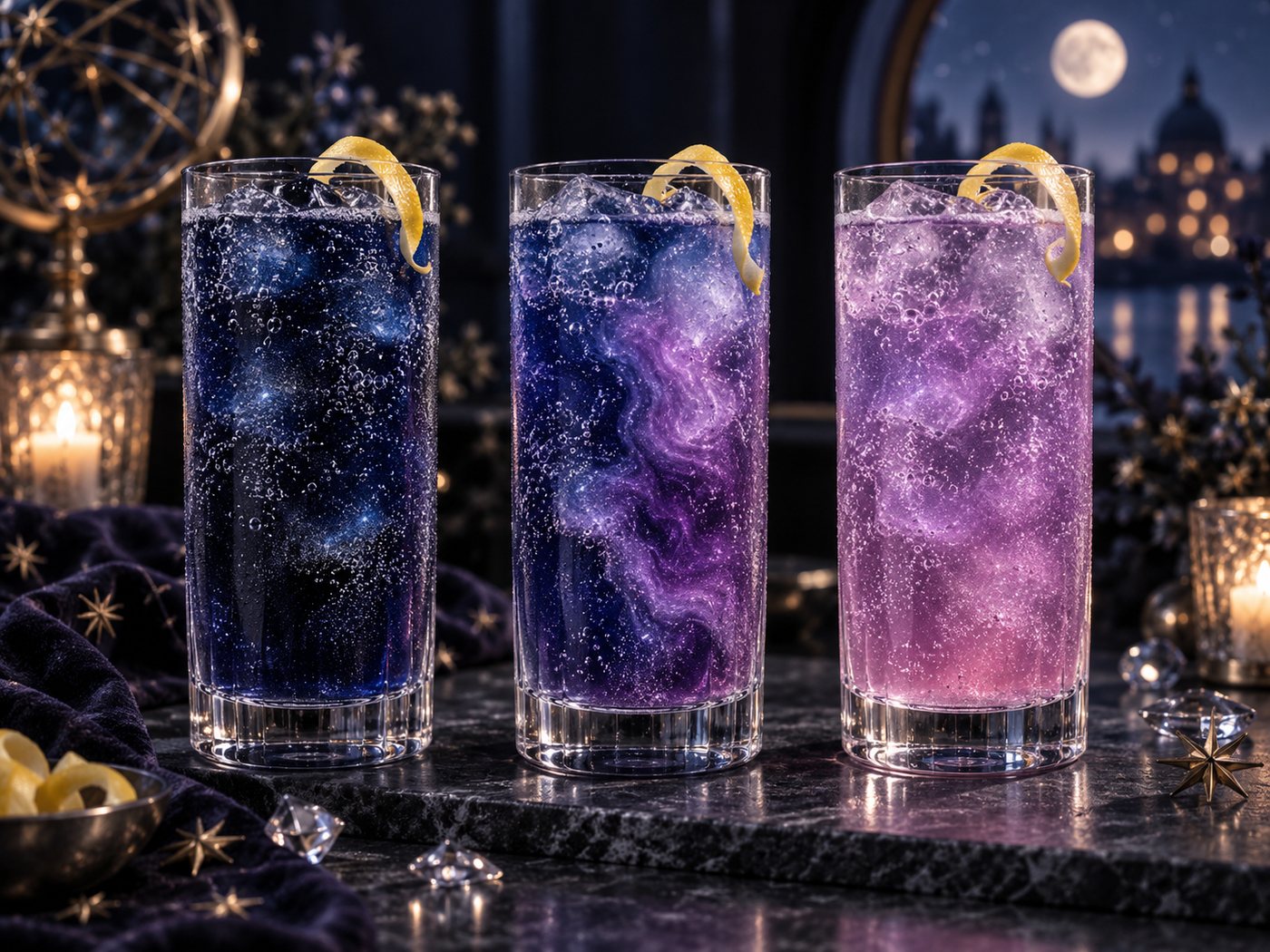 Three tall glasses side by side showing butterfly pea tea at blue, violet and pink as more lemon is added
