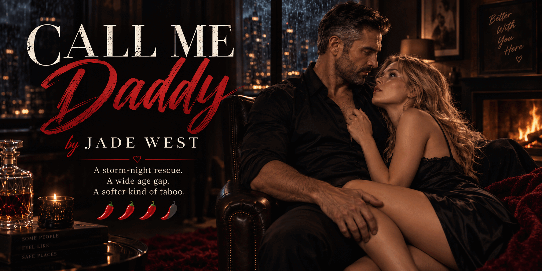 Call Me Daddy by Jade West, a standalone age gap taboo romance. Laine and Nick, spice level three and a half chillies.