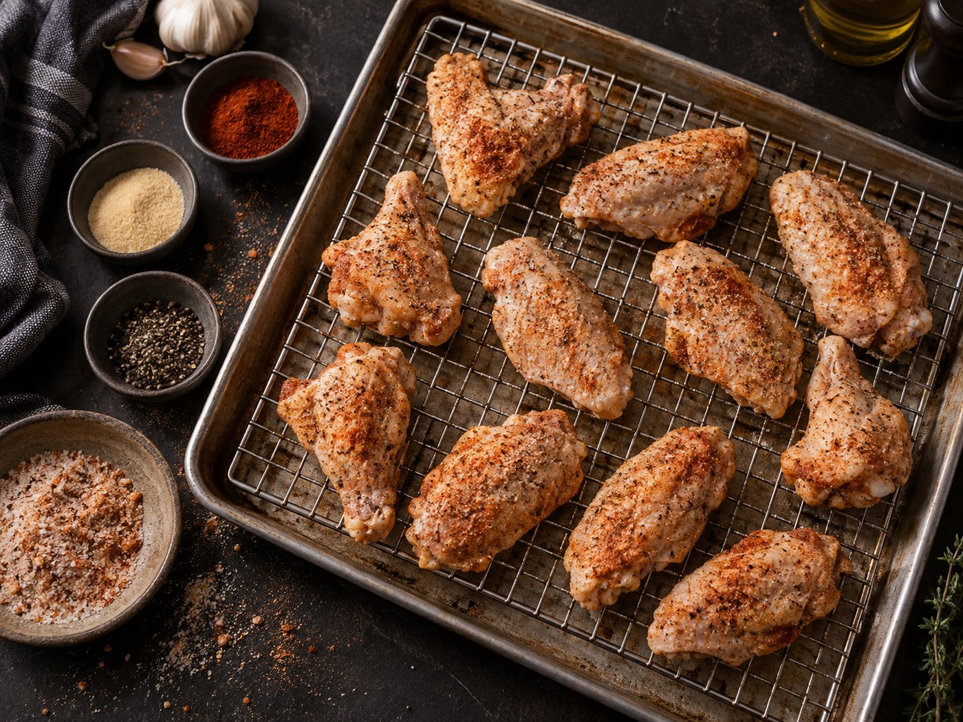 Raw chicken wings coated in baking powder, salt and spices, spread on a wire rack over a tray, with bowls of paprika, garlic powder and pepper alongside