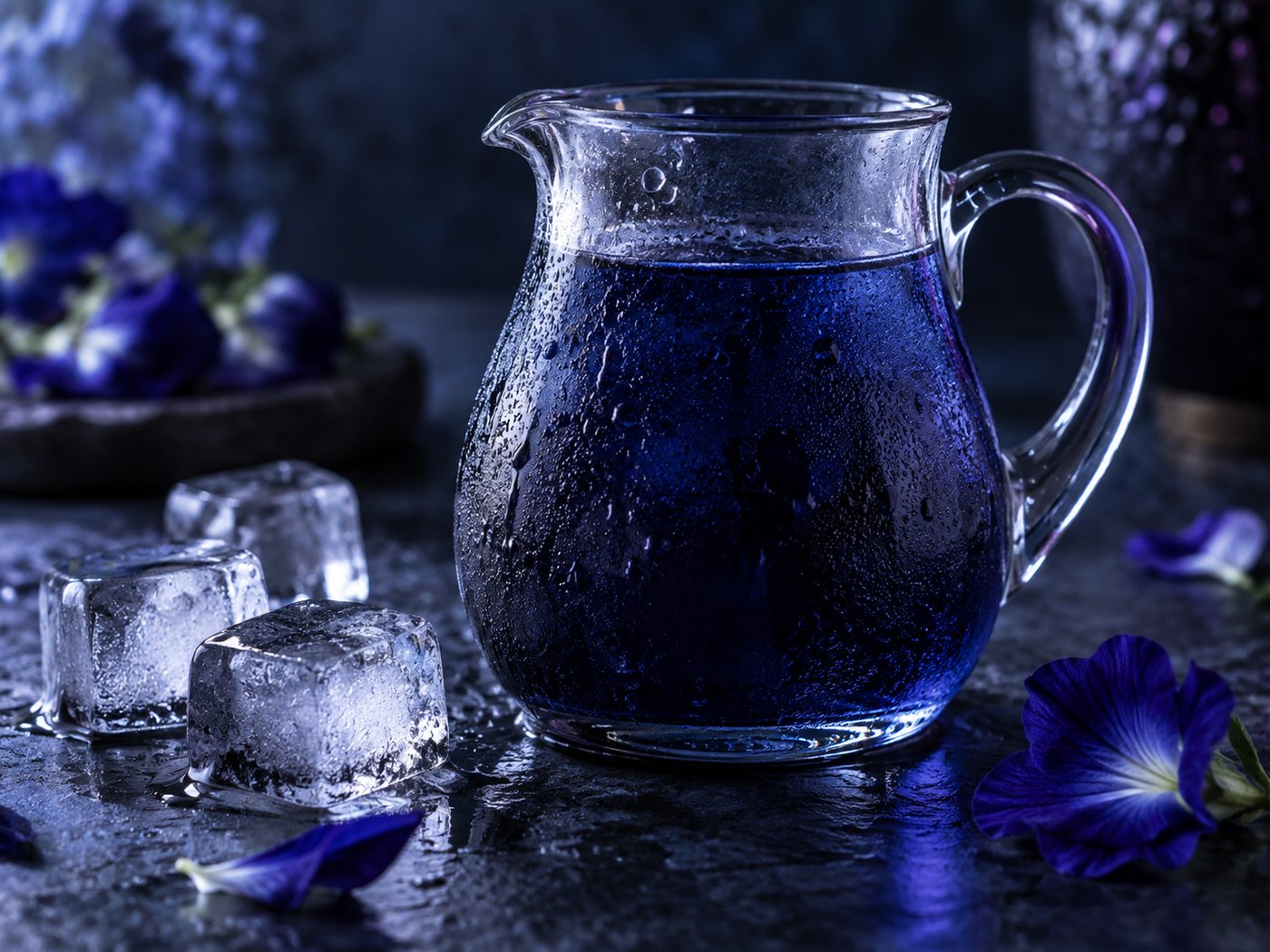 A jug of deep indigo butterfly pea tea, chilled, with ice cubes beside it