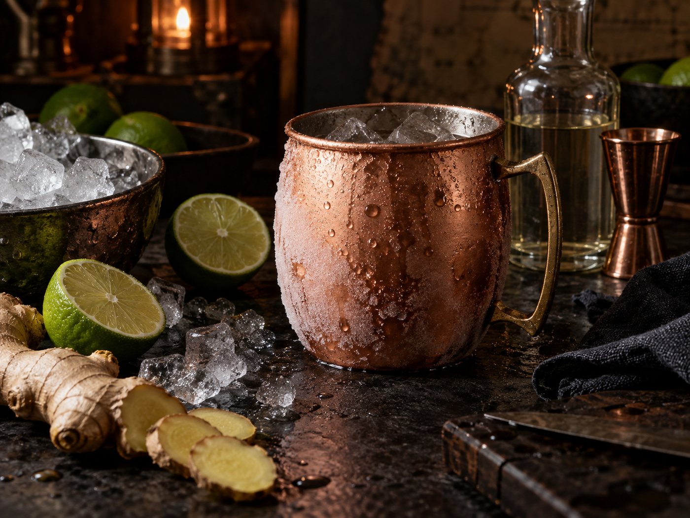 An empty copper mug beaded with condensation beside a bowl of ice, limes, fresh ginger and a jigger