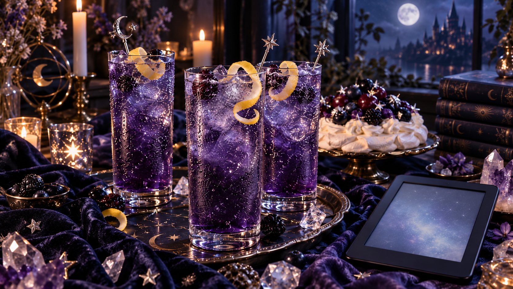 Three violet gin fizzes on a silver tray beside a berry-topped pavlova and an e-reader, with a moonlit city behind.