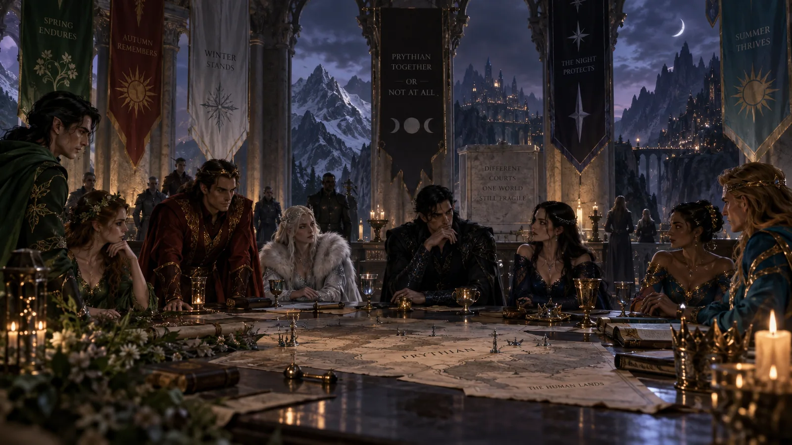 The courts of Prythian gathered around a council table beneath their banners