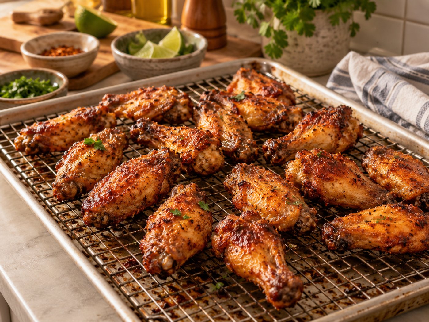Golden baked chicken wings on a wire rack over a tray in a bright kitchen, with limes and herbs nearby