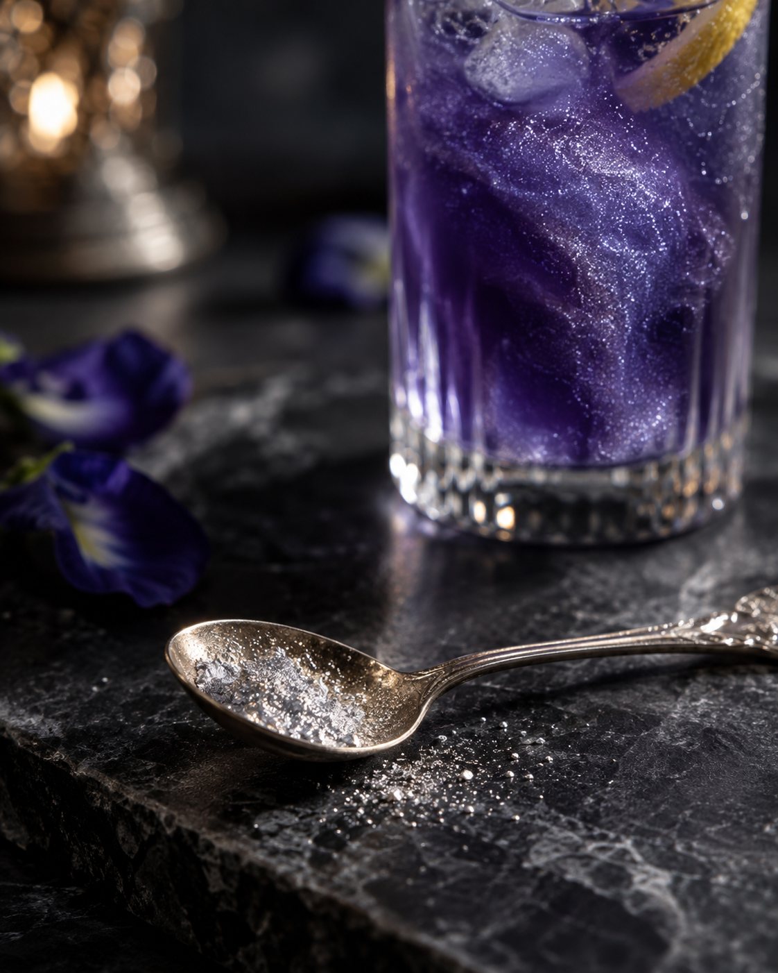 A spoonful of food-grade edible glitter on dark marble beside a violet cocktail