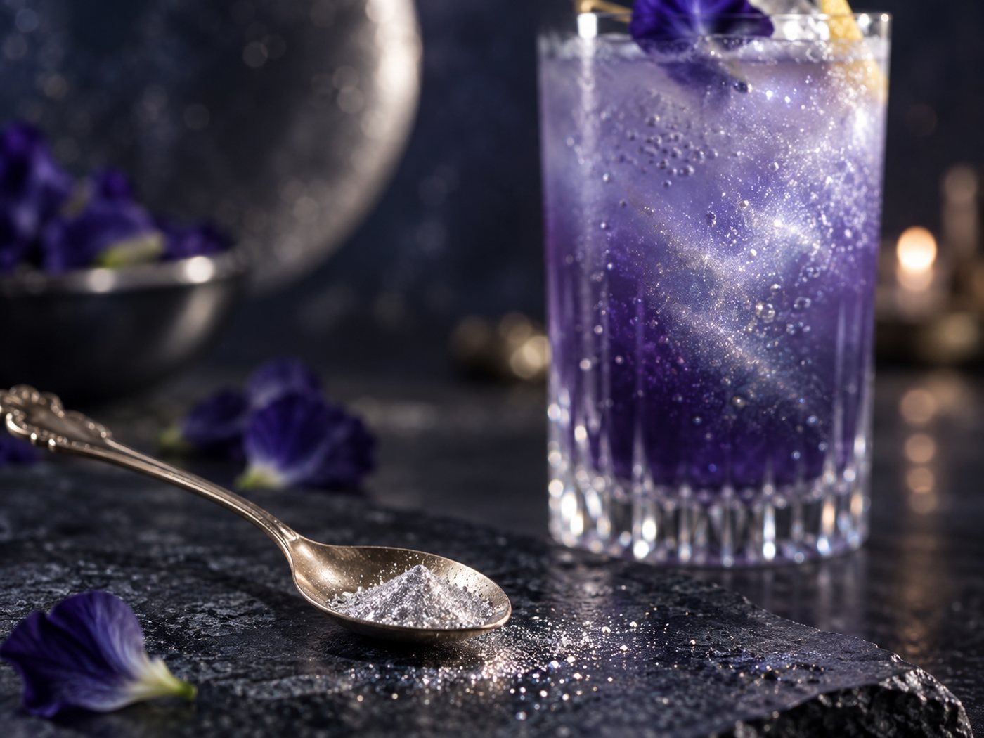 A small spoonful of edible silver lustre dust on dark stone beside a violet cocktail