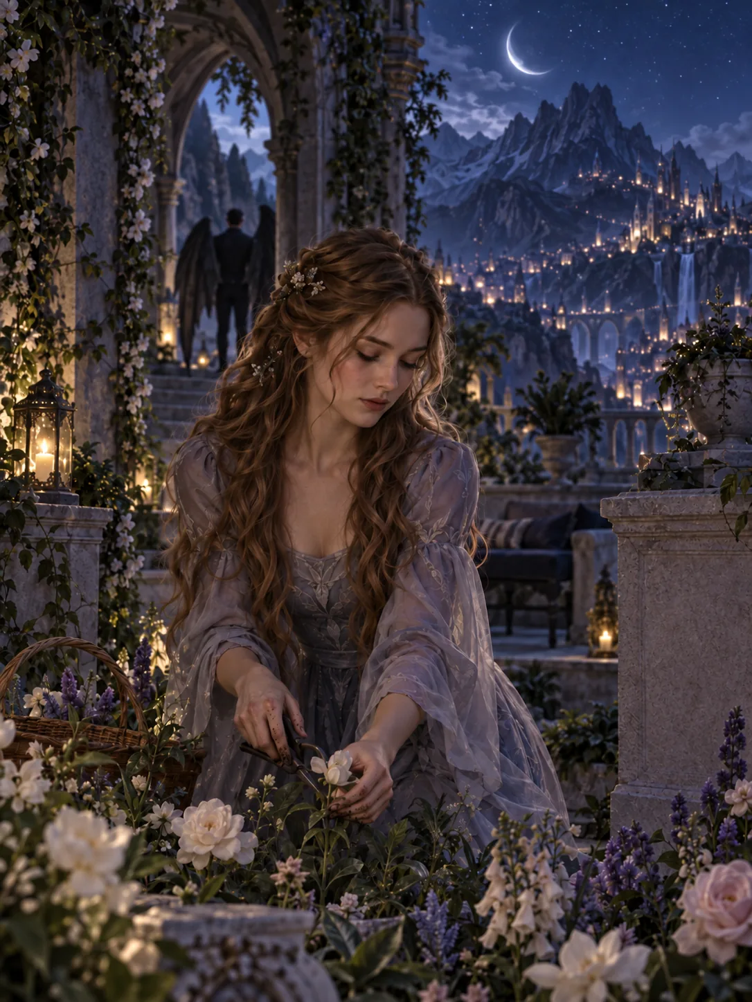Elain Archeron tending a moonlit garden in the Night Court