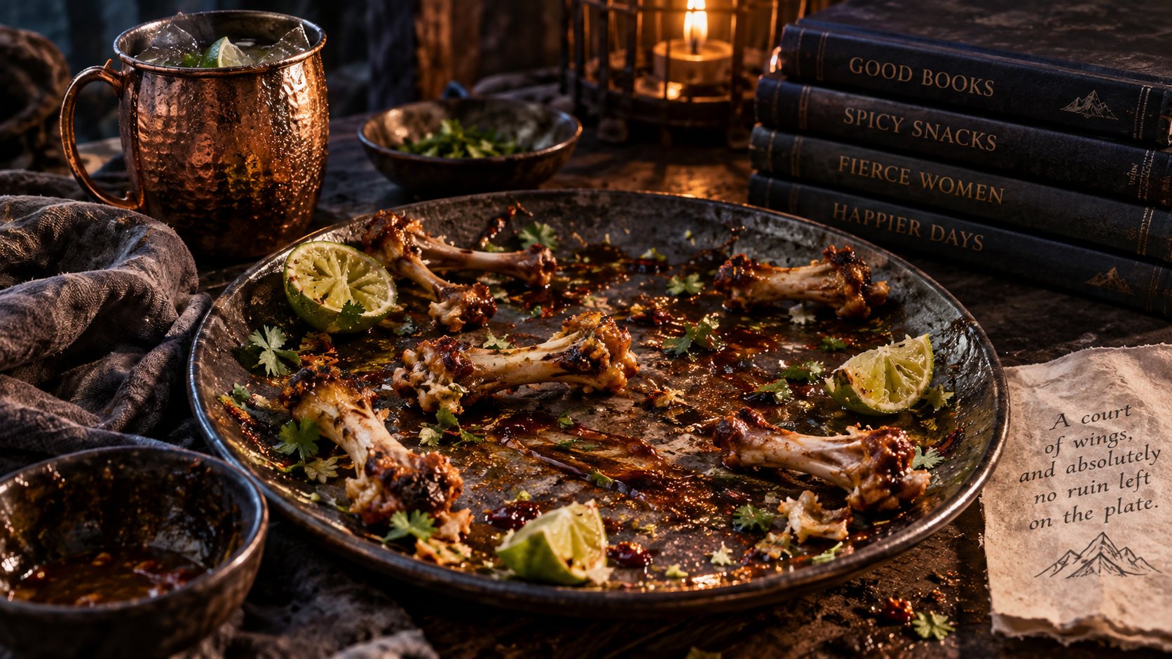 An empty platter with picked bones, lime wedges and glaze, beside a copper mug and a stack of books