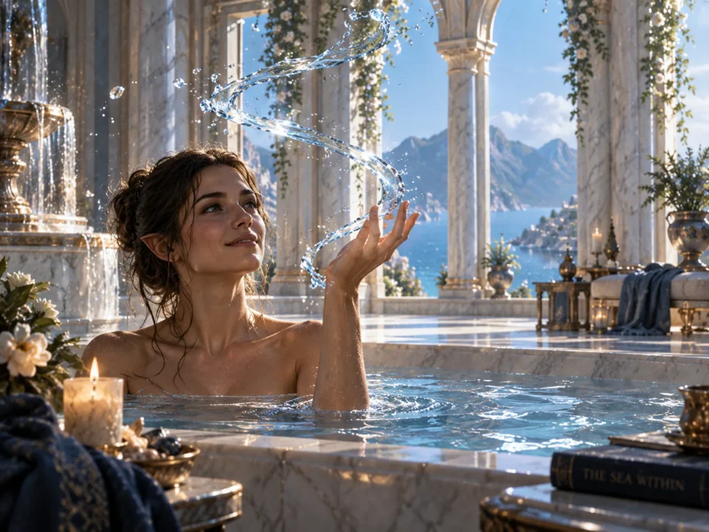 Feyre practising the water powers Tarquin gave her, in the bath at the Summer Court