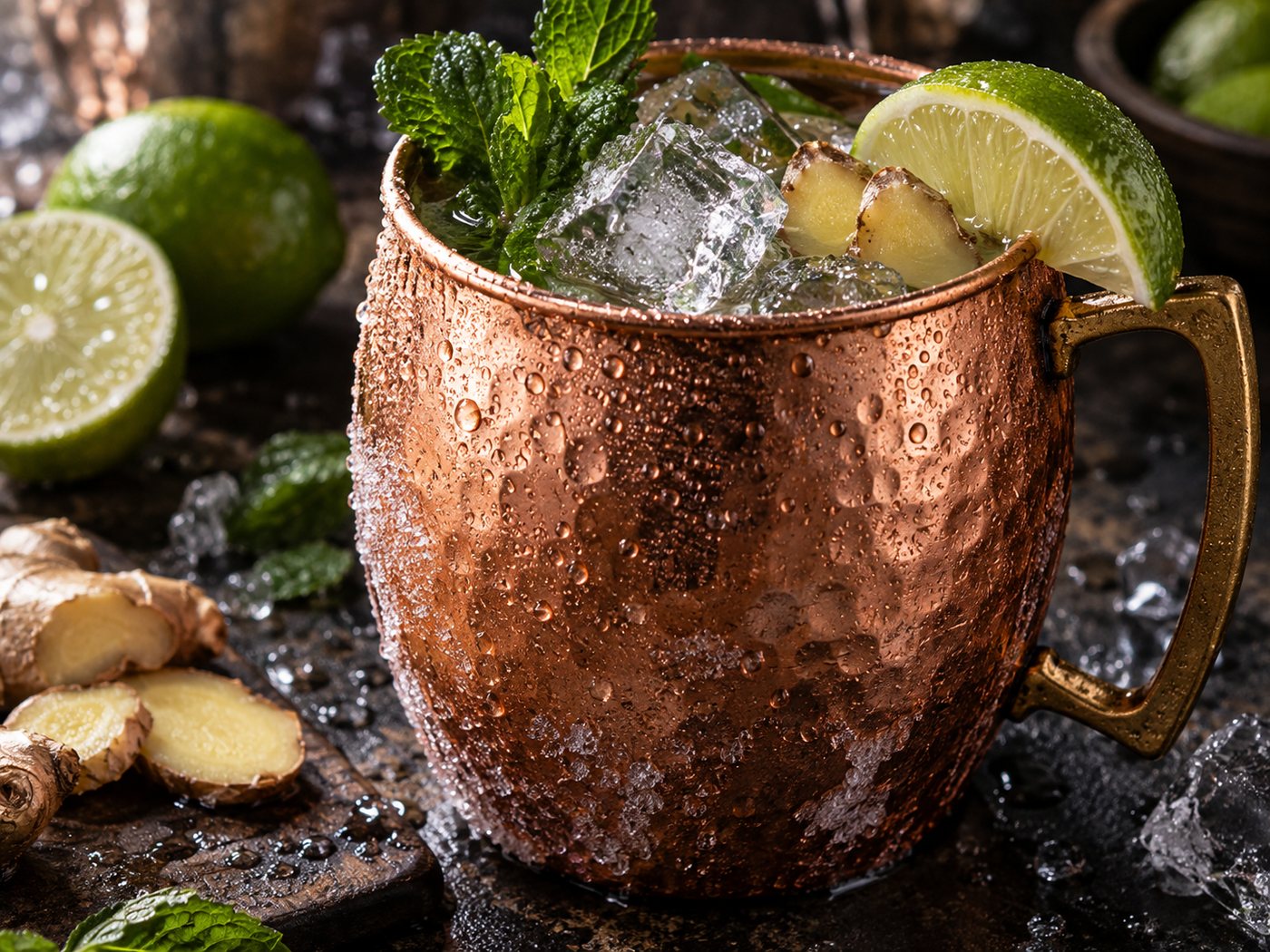 A frosted copper mug filled with ice, topped with mint and a lime wedge, condensation running down the side