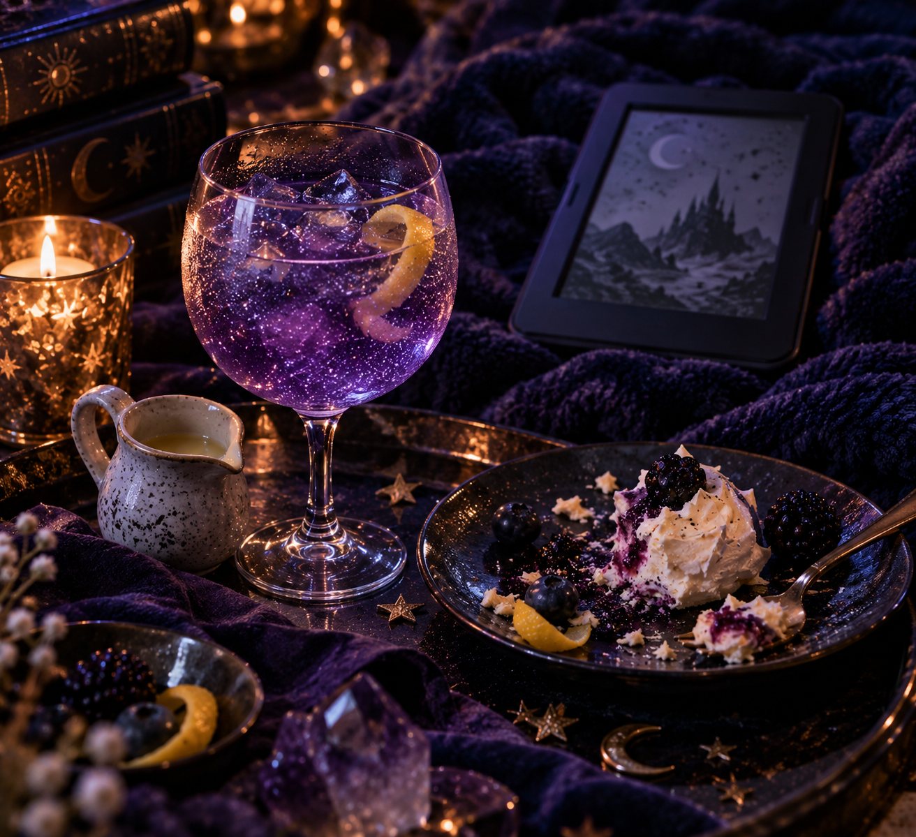 A violet gin fizz beside a plate of pavlova with dark berries, an e-reader and candles
