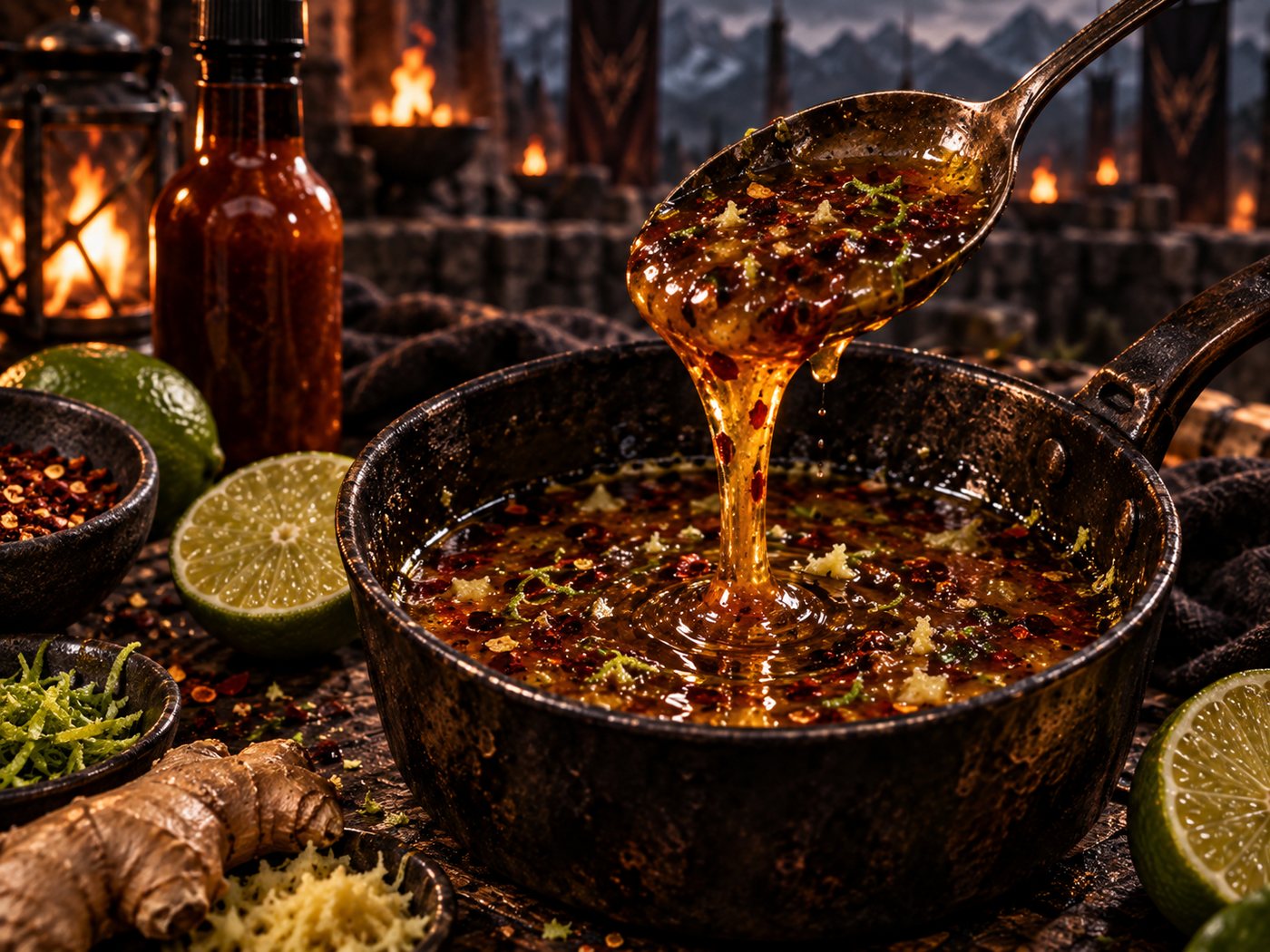 A pan of glossy hot honey glaze with chilli flakes and lime zest being lifted on a spoon, beside limes, ginger and hot sauce