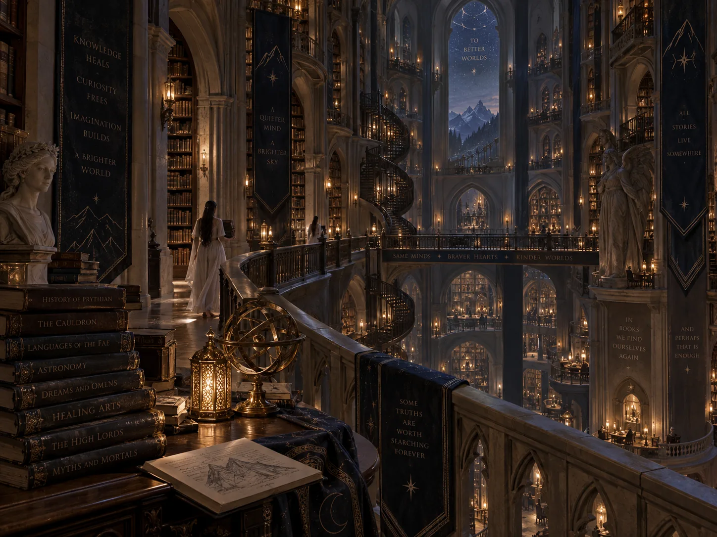 The candlelit library of the House of Wind