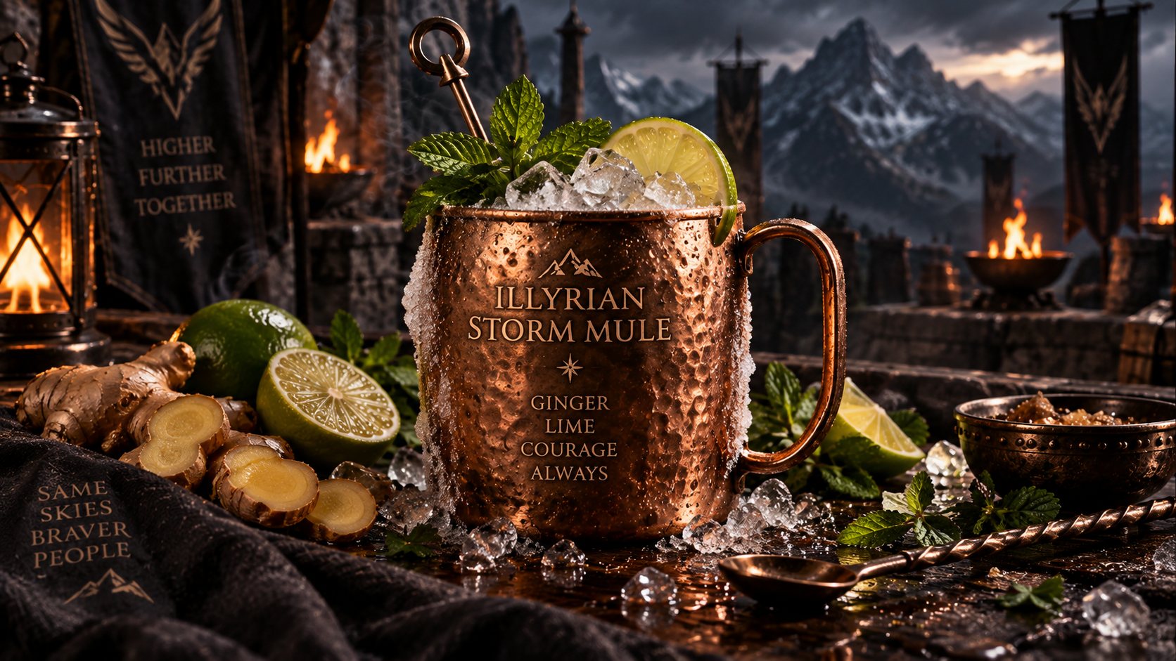 A frosted copper mug of Moscow mule packed with ice, mint and a lime wedge, with limes and fresh ginger beside it and mountains behind